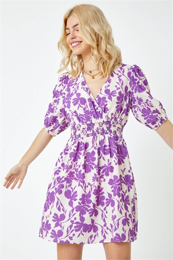 Purple Floral Shirred Waist Mini Dress