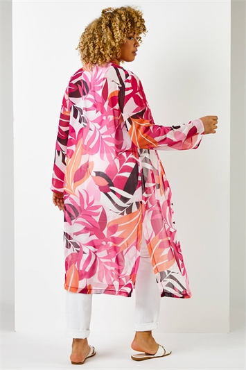 Fuchsia Curve Tropical Print Longline Kimono , Image 2 of 5