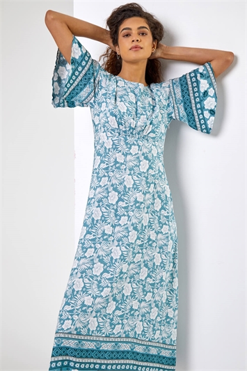 Light Blue Floral Border Print Midi Dress, Image 3 of 5