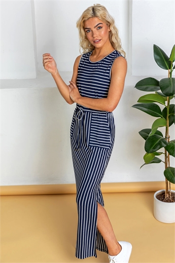 Navy Striped Draw Cord Maxi Dress, Image 3 of 4