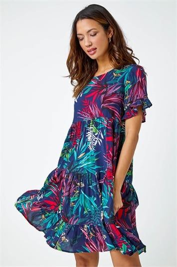 Blue Tropical Frill Sleeve Tiered Smock Dress