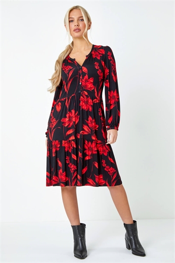 Red Petite Floral Print Tiered Stretch Dress