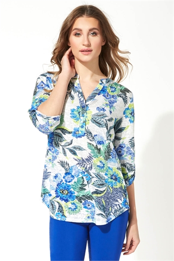 Floral Burnout Print Button Top in Blue - Roman Originals UK