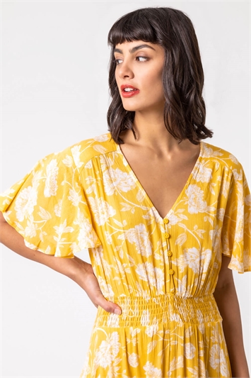 Light Yellow Floral Print Tiered Midi Dress, Image 4 of 5