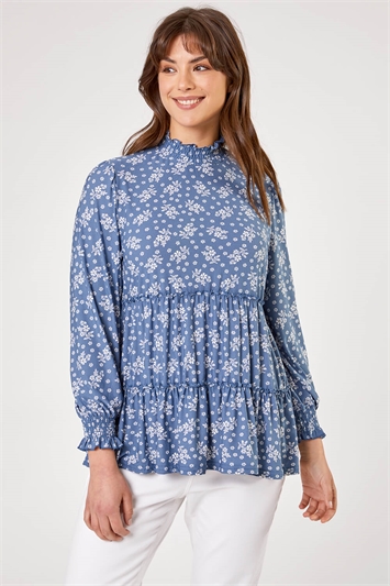 Blue Curve Tiered Floral Print Top