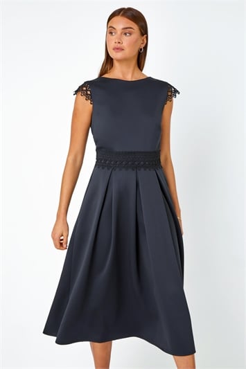 Black Premium Stretch Lace Detail Midi Dress