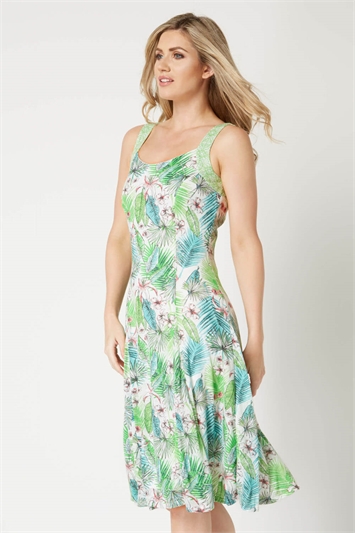 Green Tropical Fit And Flare Dress, Image 1 of 3