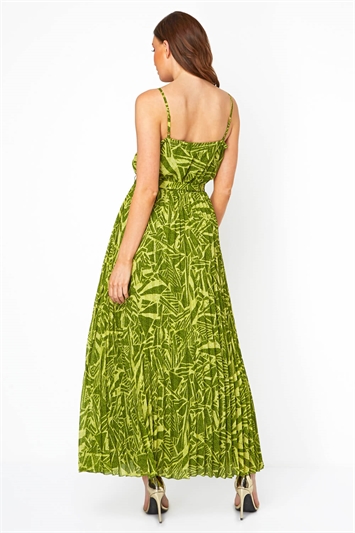 Abstract Print Pleated Maxi Dress in Green - Roman Originals UK