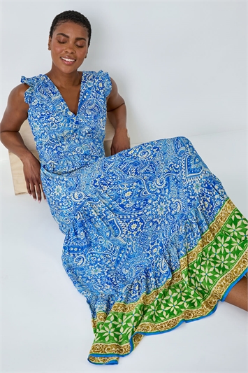 Blue Paisley Frilled Border Print Maxi Dress