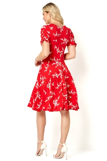 Red Floral V-Neck Short Sleeve Dress, Image 3 of 4