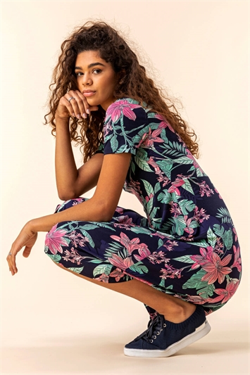 Navy Tropical Floral Square Neck Dress, Image 5 of 5