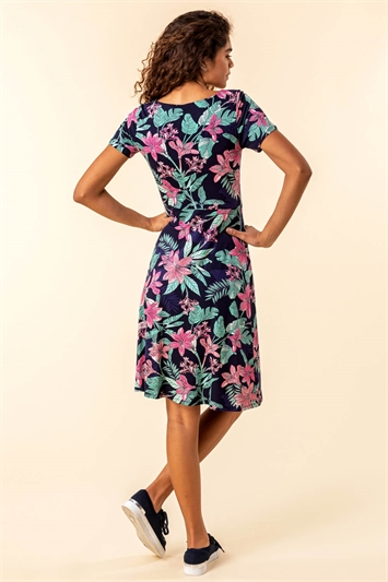 Navy Tropical Floral Square Neck Dress, Image 2 of 5