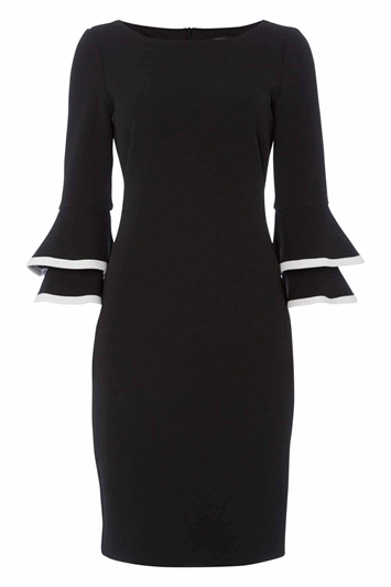 Black Double Fluted 3/4 Length Sleeve Dress, Image 4 of 4