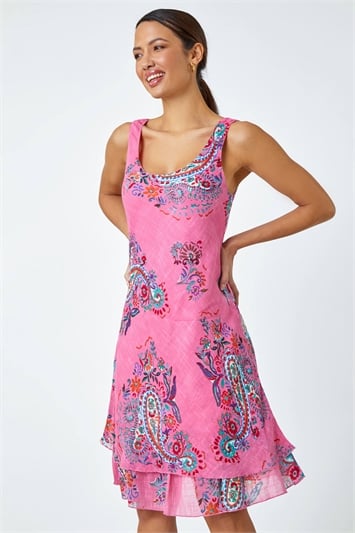 Pink Paisley Print Cotton Layered Dress