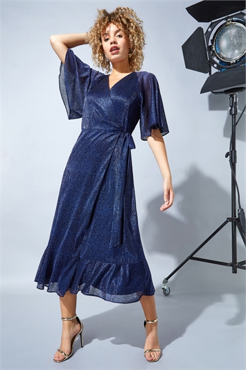 Blue Plisse Sparkle Wrap Maxi Dress