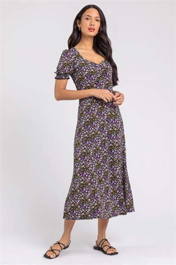 Lilac Ditsy Floral Ruched Midi Dress, Image 3 of 5