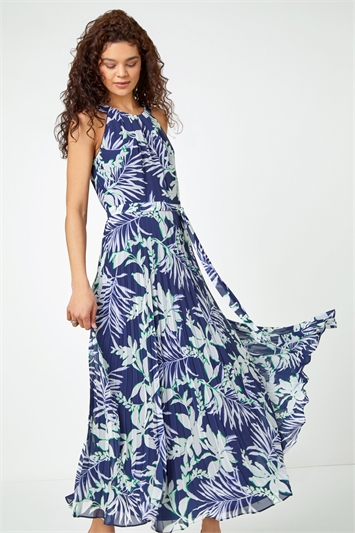 Blue Sleeveless Palm Print Pleated Chiffon Dress