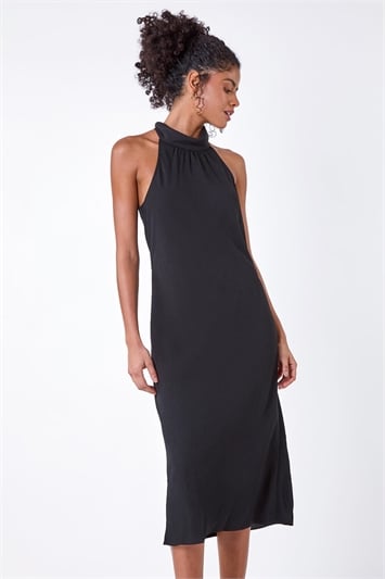 Black Plain Woven Halterneck Midi Dress