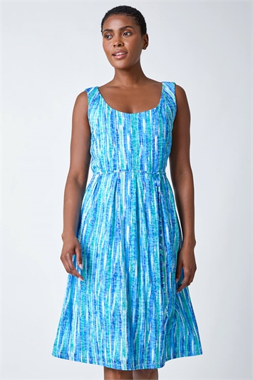 Blue Abstract Pleat Detail Dress