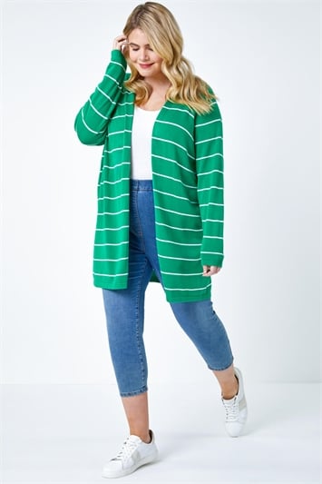 Green Curve Stripe Cotton Blend Longline Cardigan