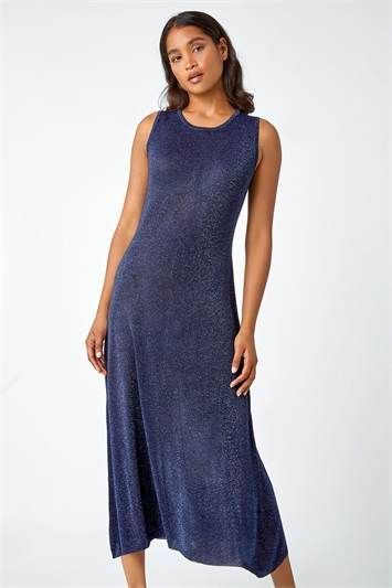 Blue Sleeveless Sparkle Knitted Midi Dress