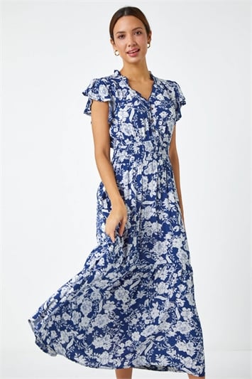 Blue Floral Print Frill Detail Midi Dress