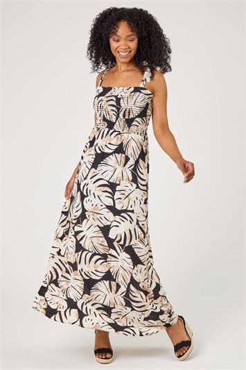 Black Petite Tropical Print Shirred Maxi Dress , Image 3 of 5