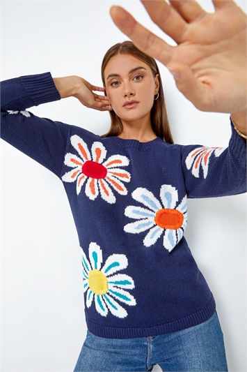 Blue Oversized Floral Print Jumper