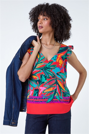 Red Tropical Print Frill Sleeve Vest Top