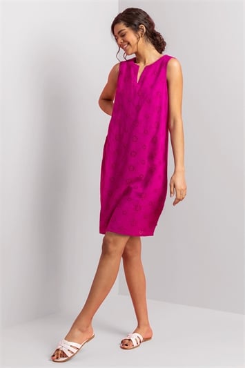 Fuchsia Broderie Detail Sleeveless Shift Dress, Image 1 of 4