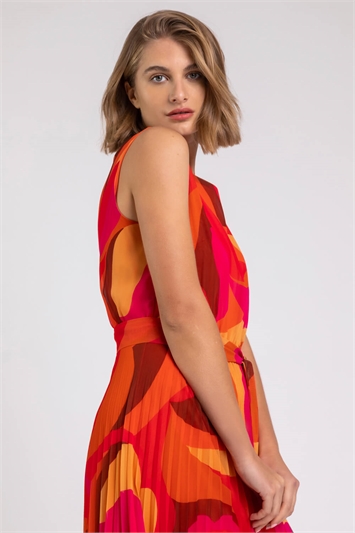 Orange Abstract Print Pleated Maxi Dress, Image 4 of 5