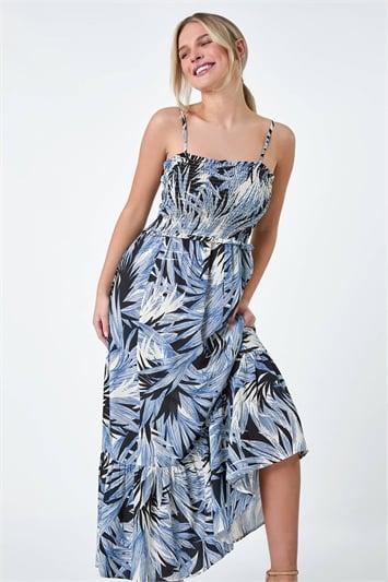 Blue Petite Tropical Print Shirred Maxi Dress