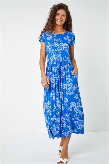 Blue Floral Print Midi Stretch Dress