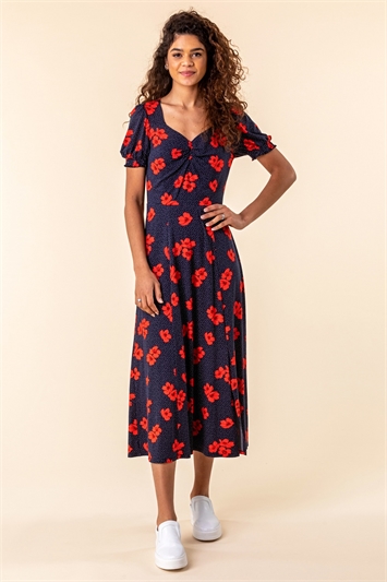 Navy Floral Print Ruched Maxi Dress, Image 3 of 4