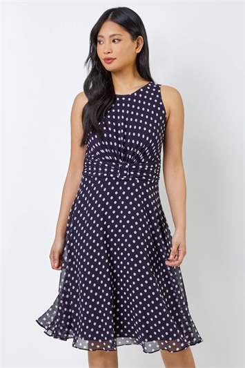 Blue Petite Spot Print Buckle Detail Dress