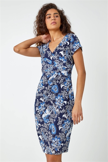 Blue Textured Paisley Print Wrap Dress