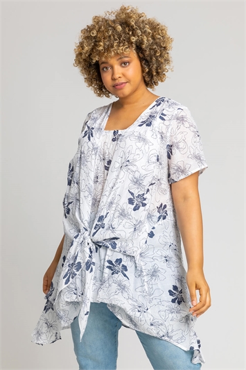Blue Curve Floral Print Crinkle Tunic Top