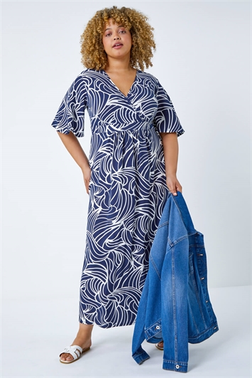 Blue Curve Linear Print Midi Wrap Dress