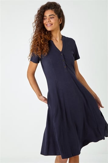 Blue Fit & Flare Cotton Midi Dress
