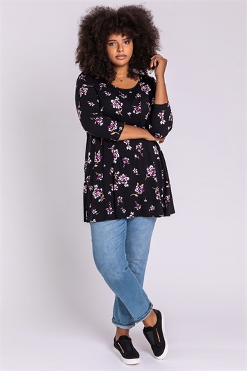 Black Curve Floral Print Tunic Top, Image 3 of 4