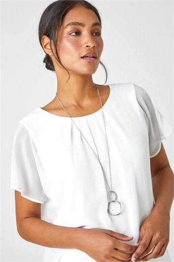 White Chiffon Jersey Blouson Top With Necklace