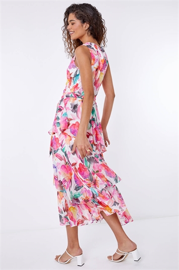 Pink Floral Print Frill Midi Dress, Image 2 of 5