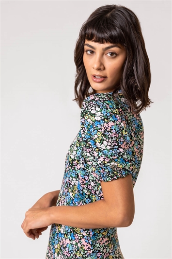 Blue Ditsy Floral Stretch Jersey Tea Dress, Image 4 of 5