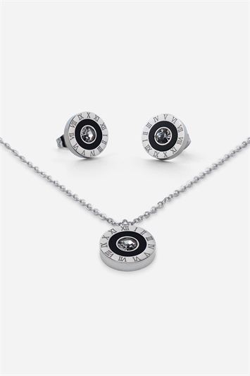 Metallic Stainless Steel Diamante Clock Pendant And Earring Set