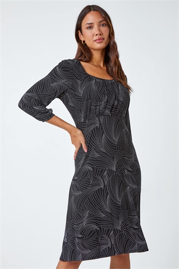 Black Linear Print Stretch Jersey Dress