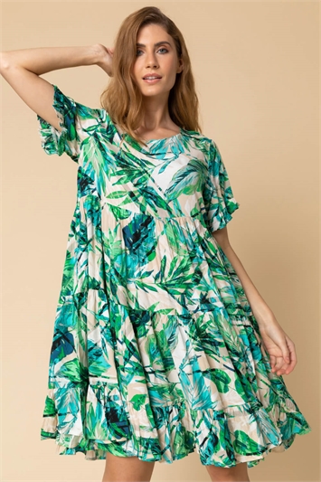 Green Tropical Print Tiered Pocket Dress