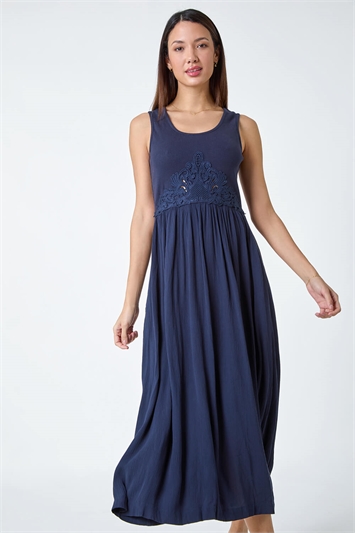 Blue Cotton Blend Lace Detail Midi Dress