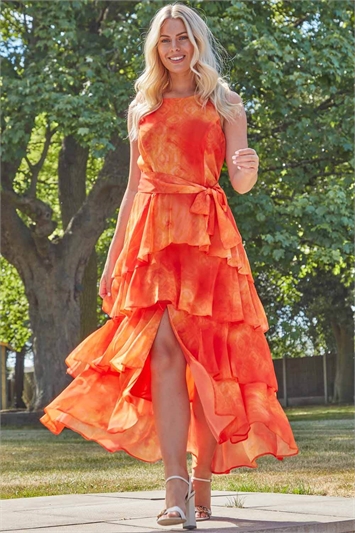 Orange Tie Dye Print Layer Midi Dress, Image 3 of 4