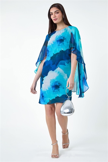 Blue Floral Print Chiffon Cape Dress