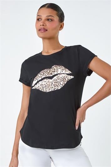 Black Animal Print Lips Stretch T-Shirt